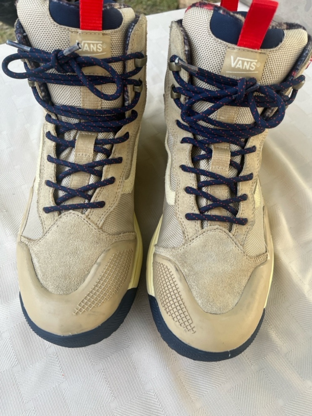 Vans Beige High-Top Sneakers with Navy and Red Accents size 11.5